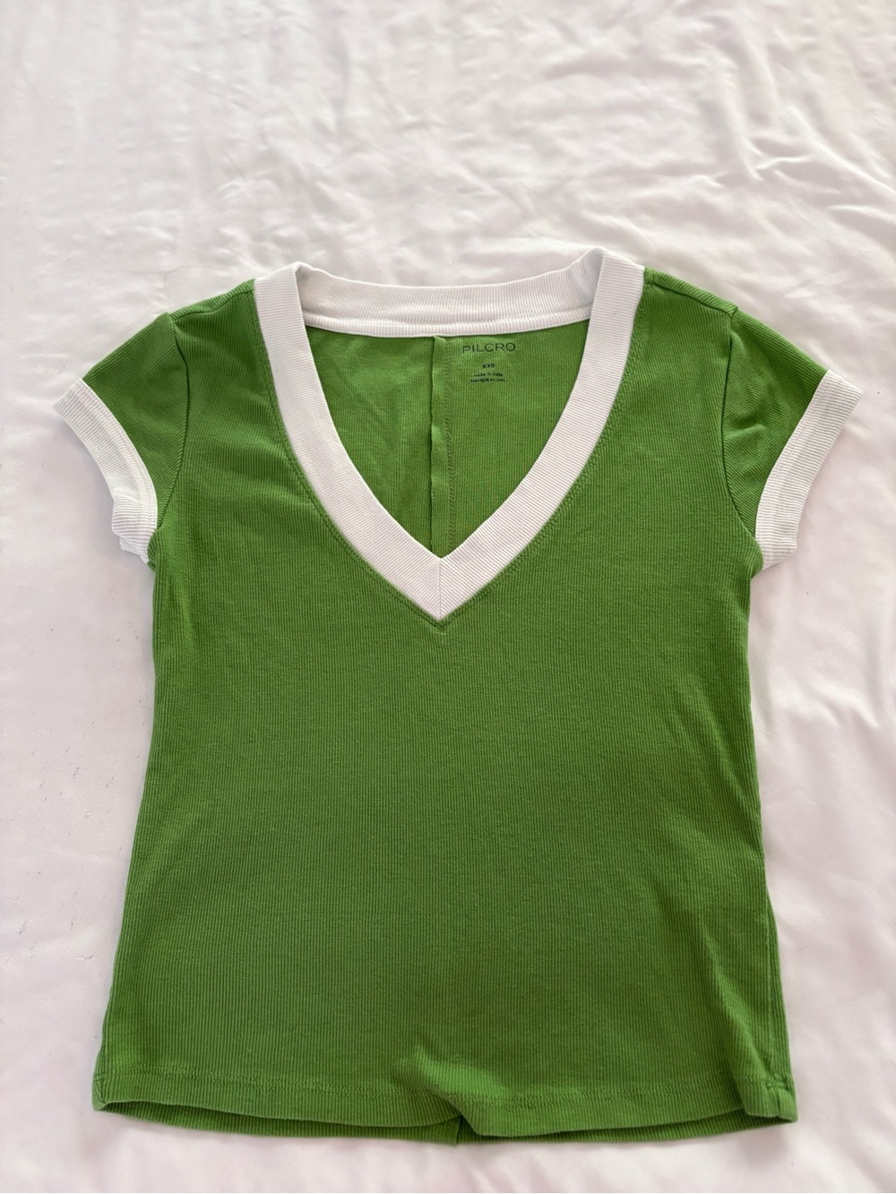 Anthropologie Pilcro Green V-Neck Short Cap Sleeve Top with White Trim